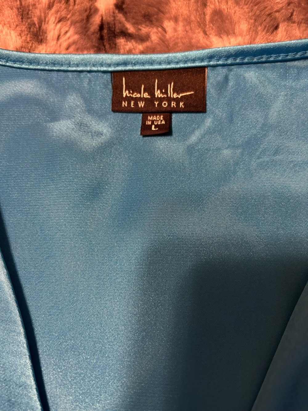 Nicole Miller Satin V-Neck Blouse in Teal Blue - Picture 3 of 4